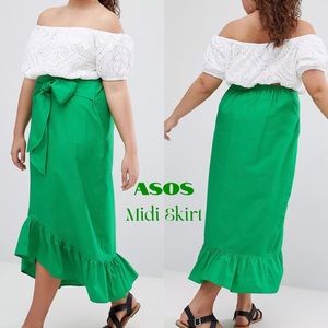 ASOS Design Curve Cotton Midi Skirt with Tie Belt and Ruffle Hem